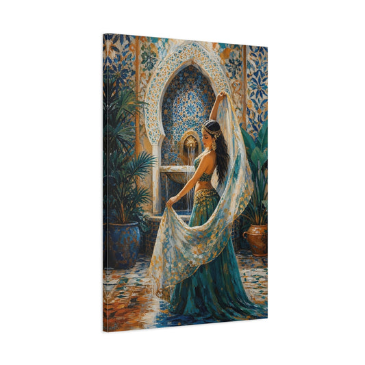 Main Mockup. Vintage Belly Dancer Teal Gold Dancer shown as canvas print
