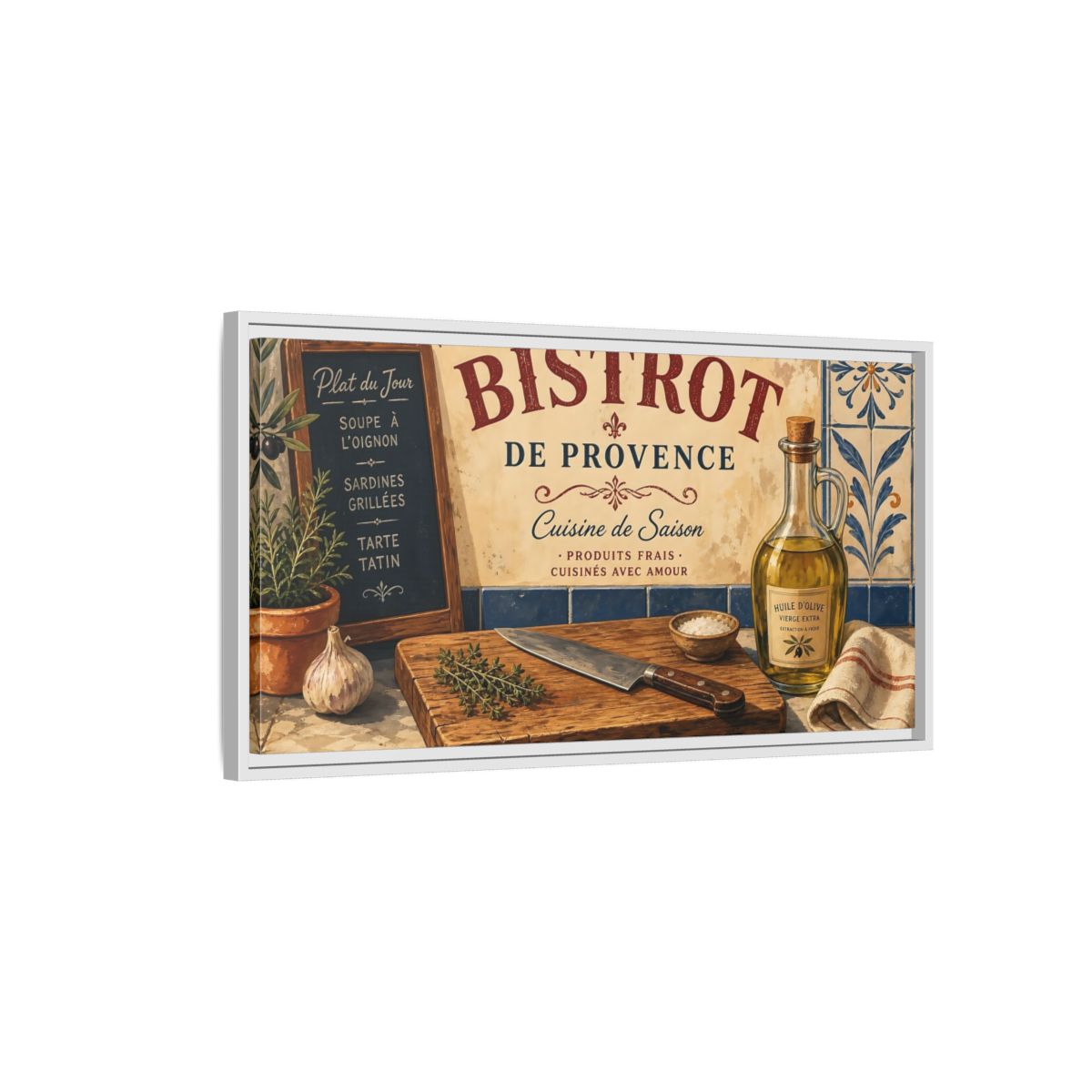 Side Mockup 1. Vintage Bistro Scene French Bistro shown as framed canvas print
