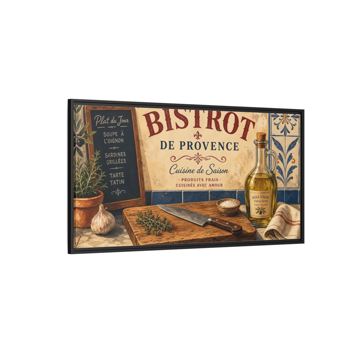 Side Mockup 5. Vintage Bistro Scene French Bistro shown as framed canvas print