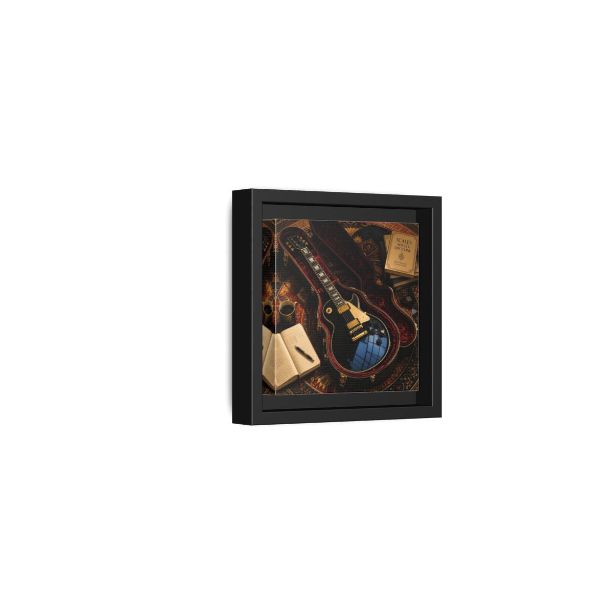 Side Mockup 24. Vintage Black Guitar On Rug shown as framed canvas print