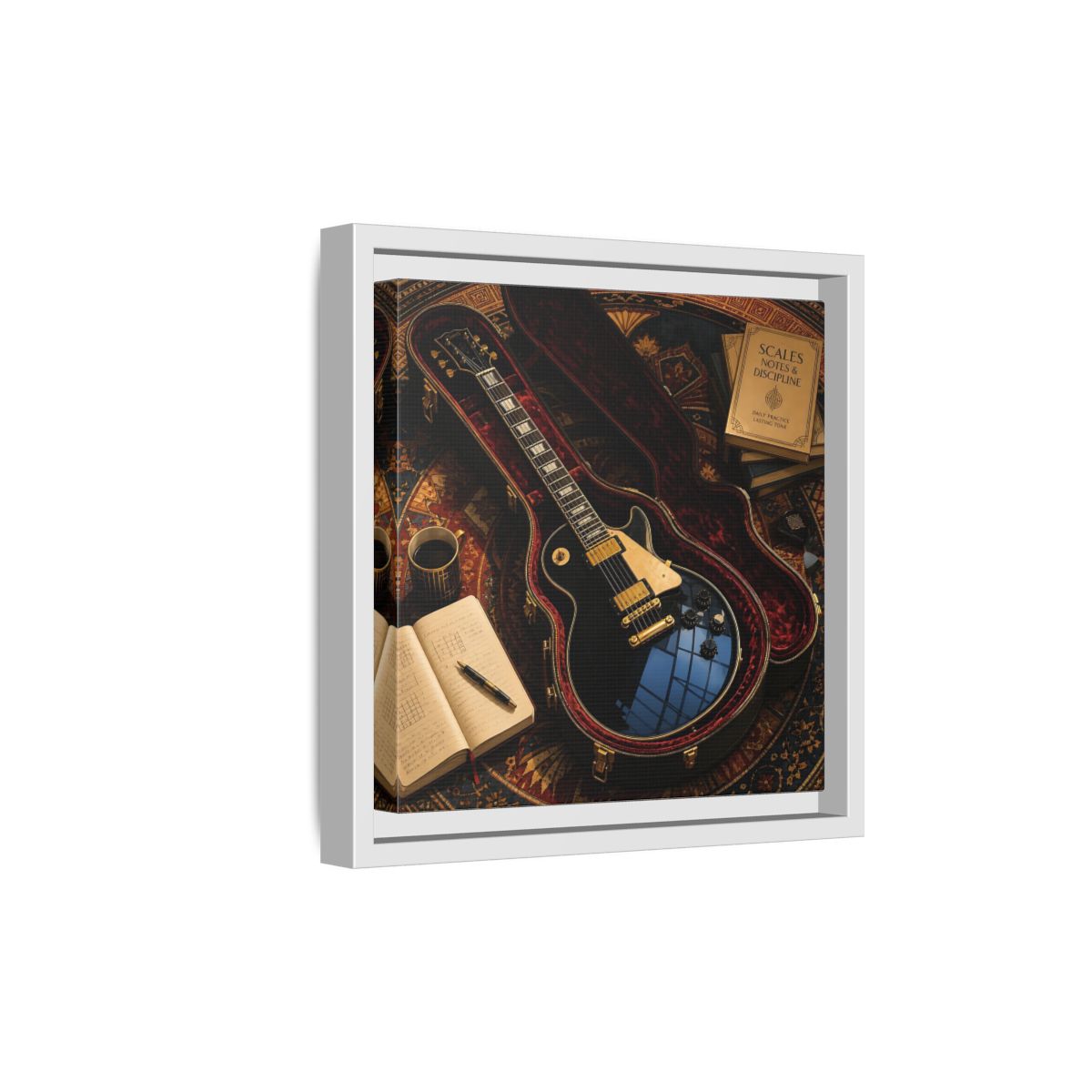 Side Mockup 19. Vintage Black Guitar On Rug shown as framed canvas print