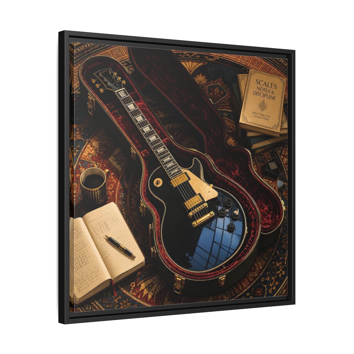 Side Mockup 31. Vintage Black Guitar On Rug shown as framed canvas print