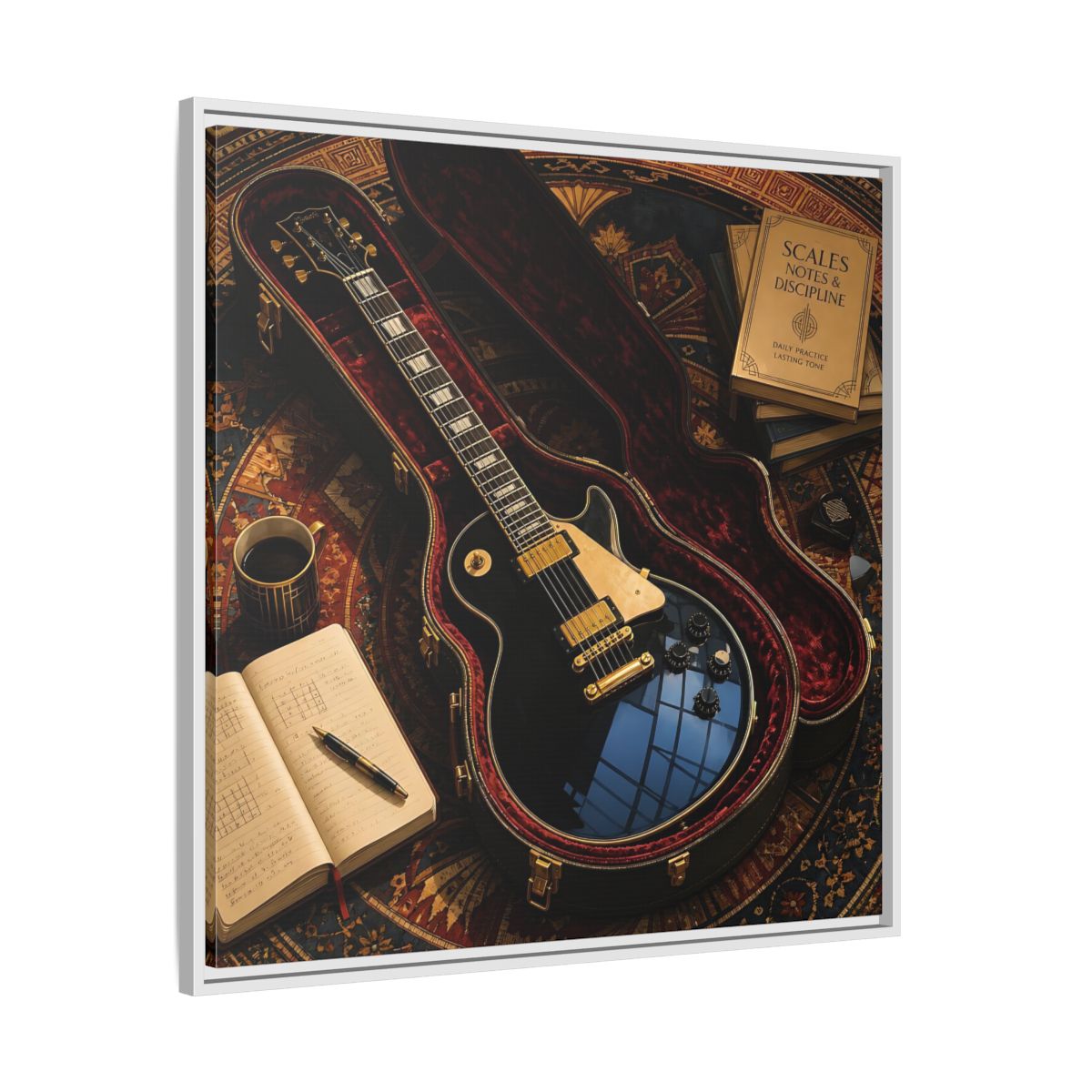 Side Mockup 25. Vintage Black Guitar On Rug shown as framed canvas print