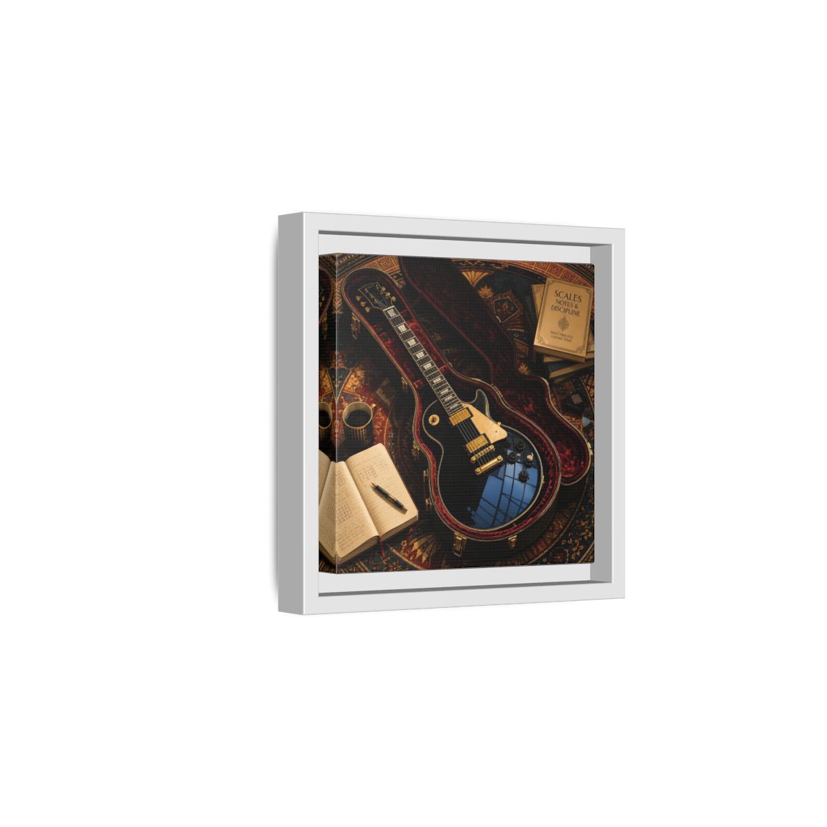 Side Mockup 1. Vintage Black Guitar On Rug shown as framed canvas print