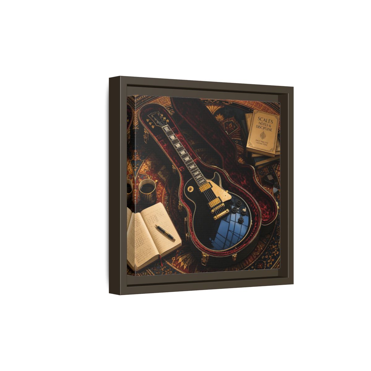 Side Mockup 20. Vintage Black Guitar On Rug shown as framed canvas print