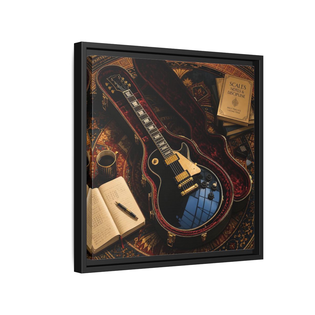 Side Mockup 15. Vintage Black Guitar On Rug shown as framed canvas print
