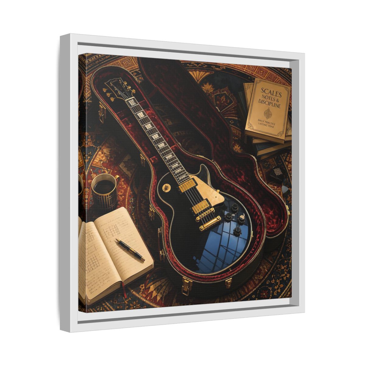 Side Mockup 28. Vintage Black Guitar On Rug shown as framed canvas print