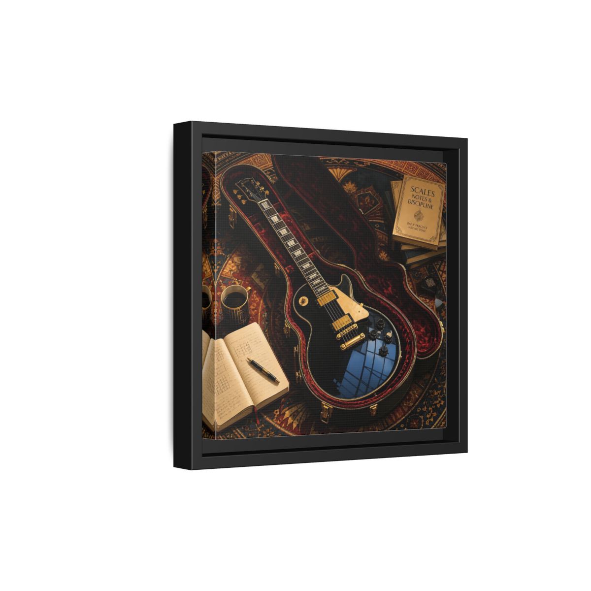 Side Mockup 21. Vintage Black Guitar On Rug shown as framed canvas print