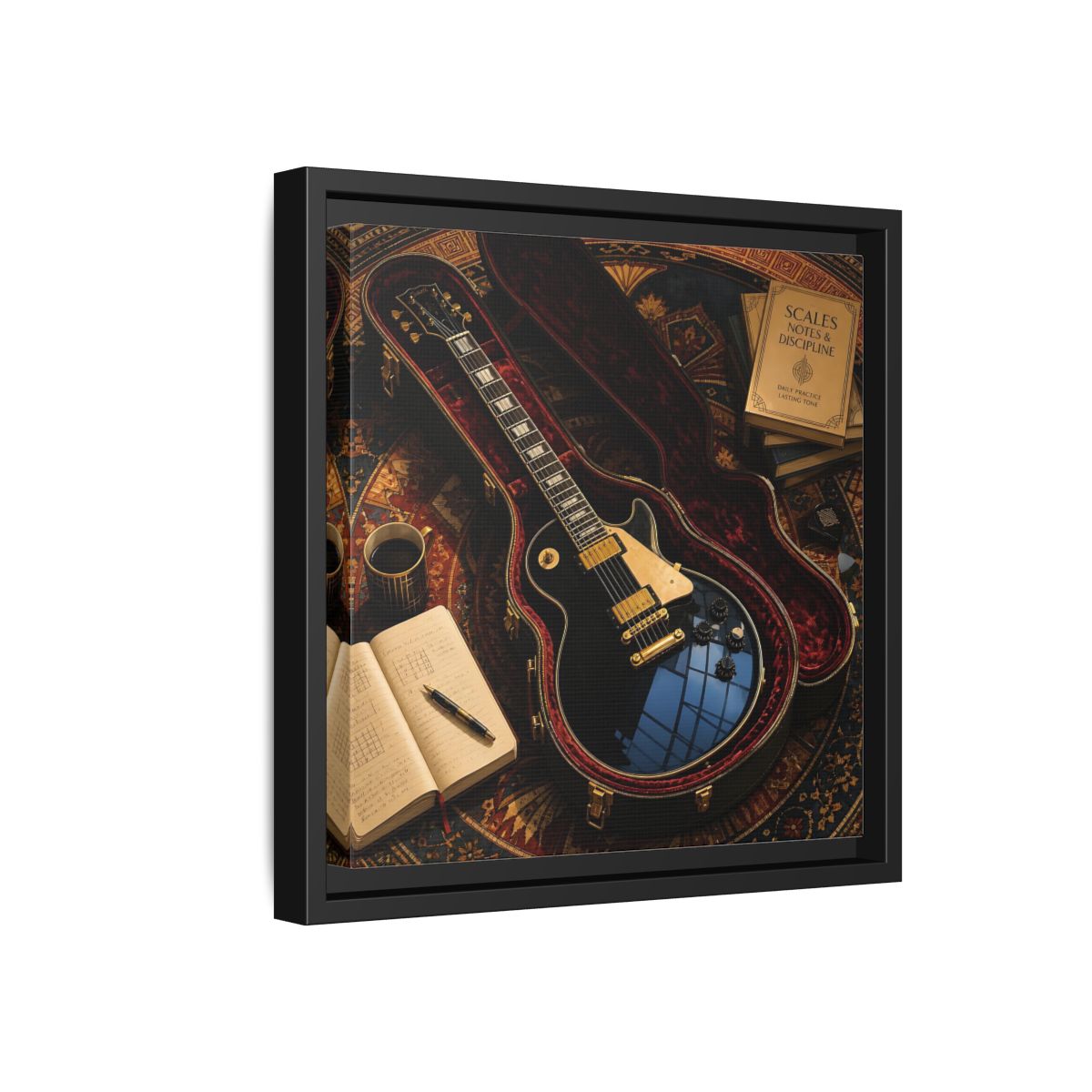 Side Mockup 18. Vintage Black Guitar On Rug shown as framed canvas print