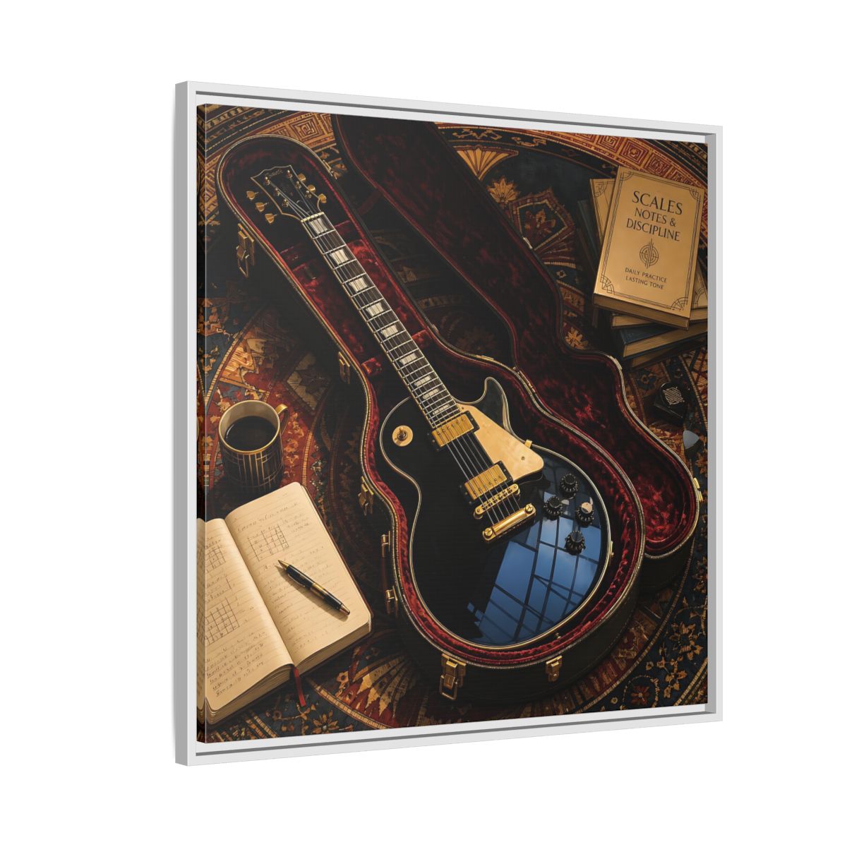 Side Mockup 7. Vintage Black Guitar On Rug shown as framed canvas print