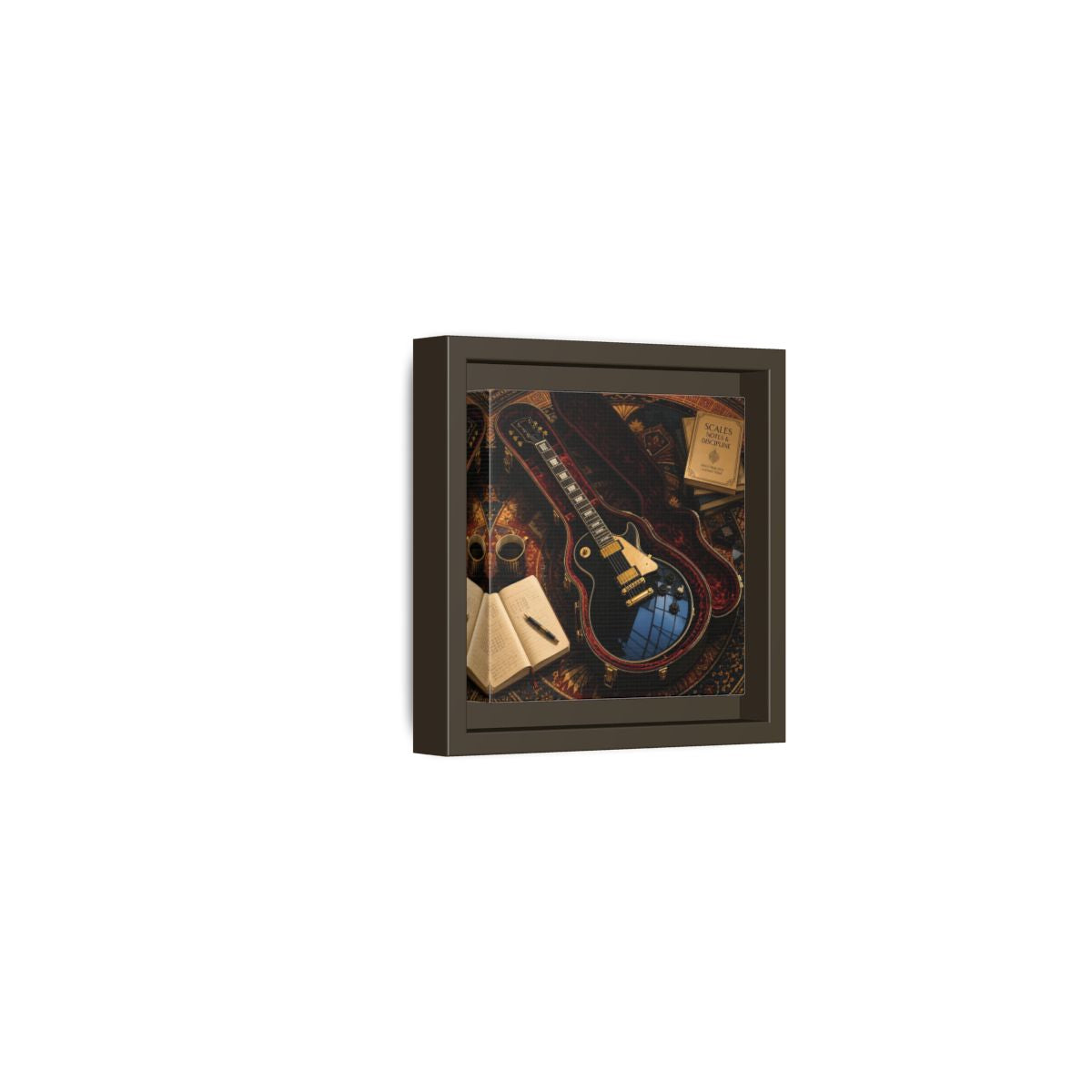 Side Mockup 23. Vintage Black Guitar On Rug shown as framed canvas print