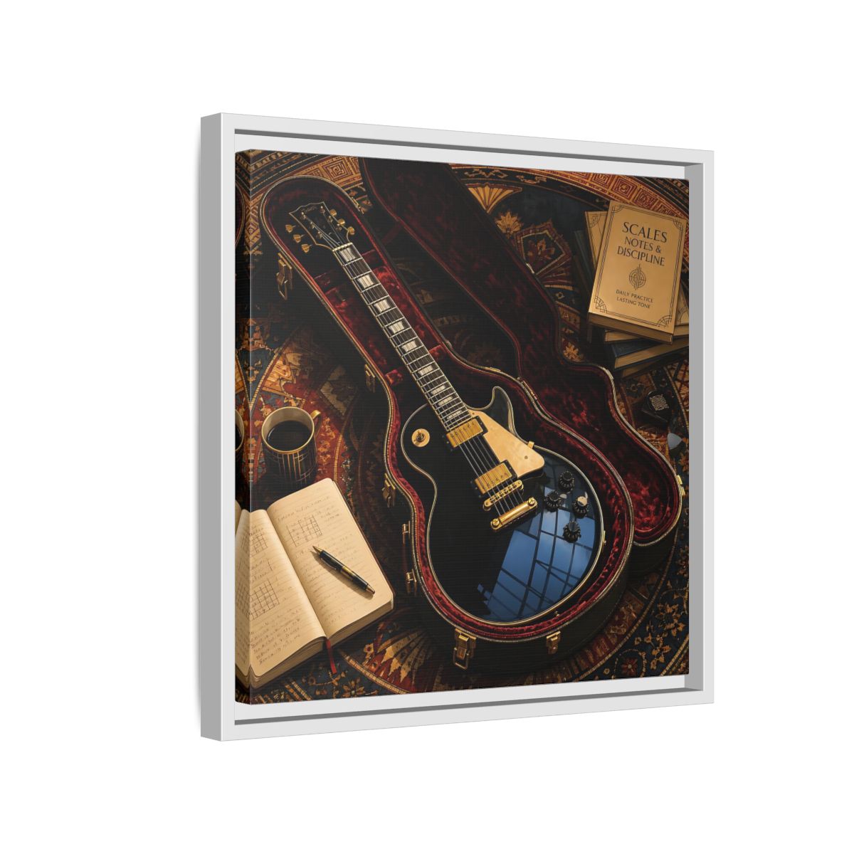 Side Mockup 13. Vintage Black Guitar On Rug shown as framed canvas print