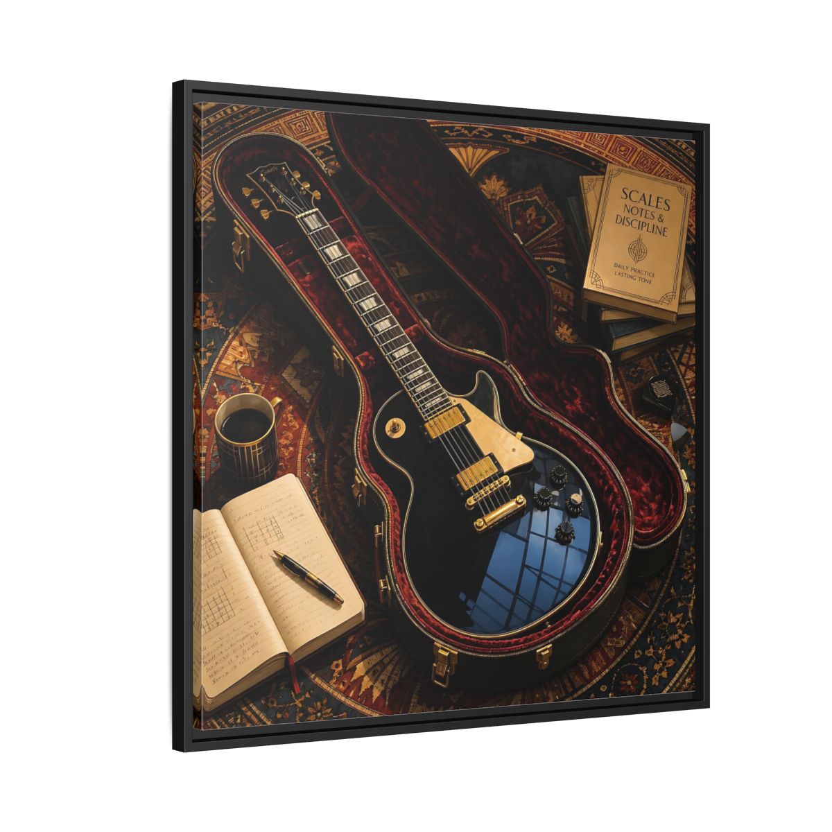 Side Mockup 9. Vintage Black Guitar On Rug shown as framed canvas print