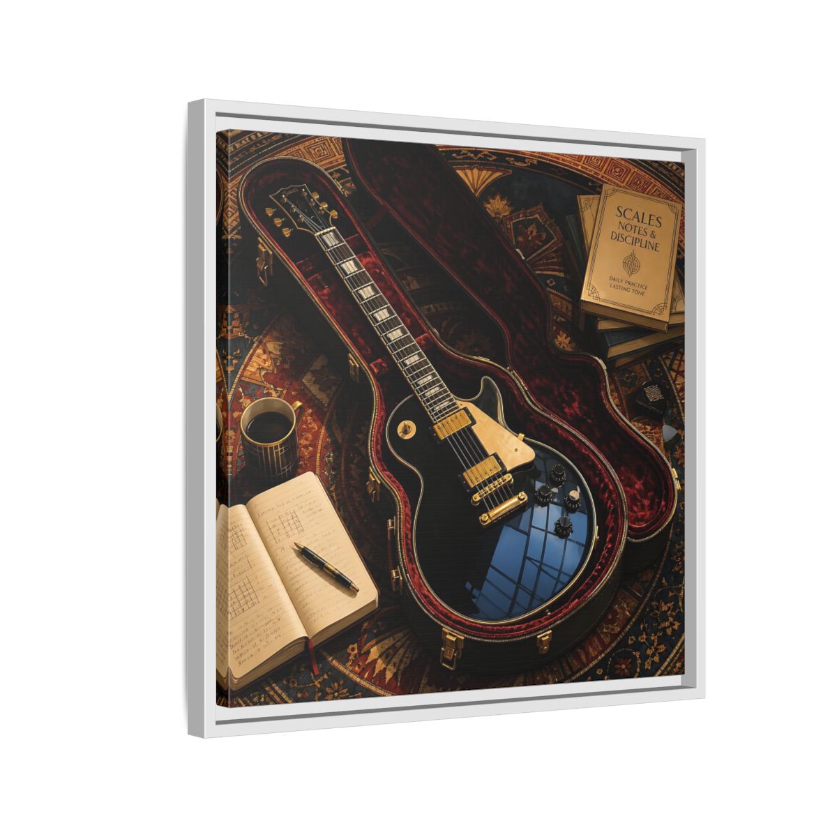 Side Mockup 10. Vintage Black Guitar On Rug shown as framed canvas print