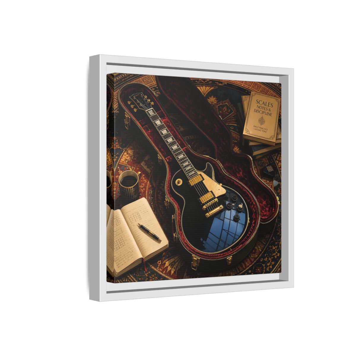Side Mockup 16. Vintage Black Guitar On Rug shown as framed canvas print