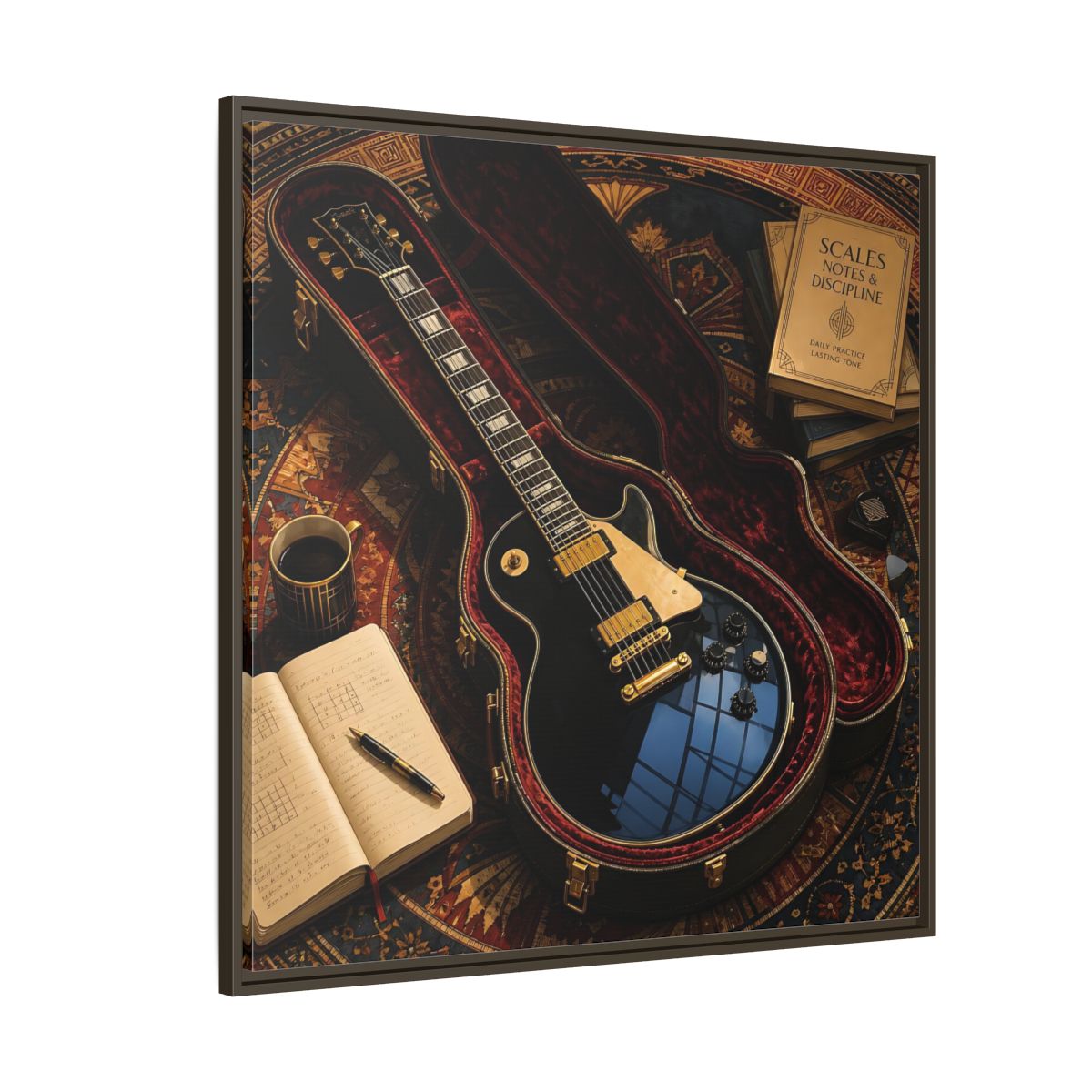 Side Mockup 5. Vintage Black Guitar On Rug shown as framed canvas print
