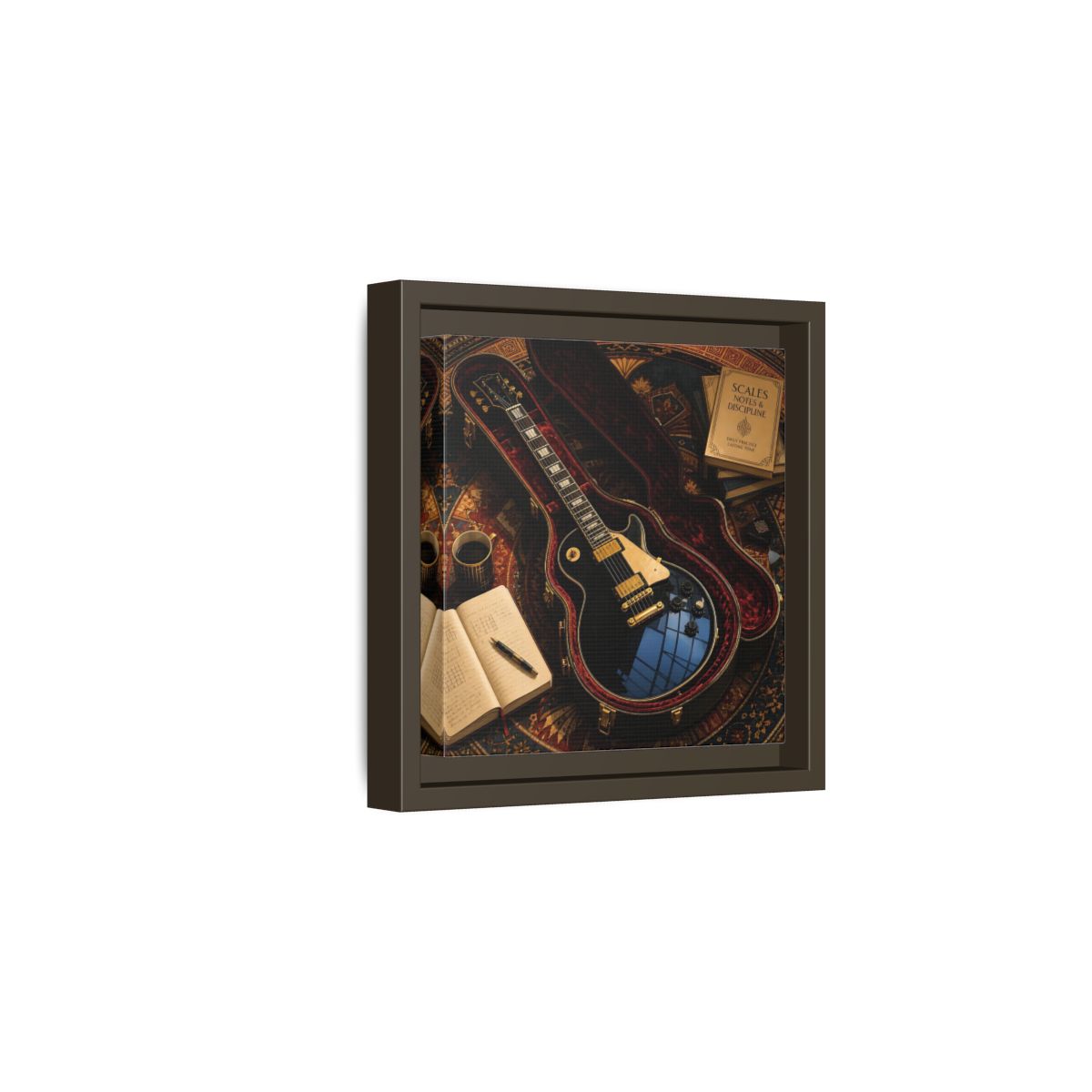 Side Mockup 2. Vintage Black Guitar On Rug shown as framed canvas print
