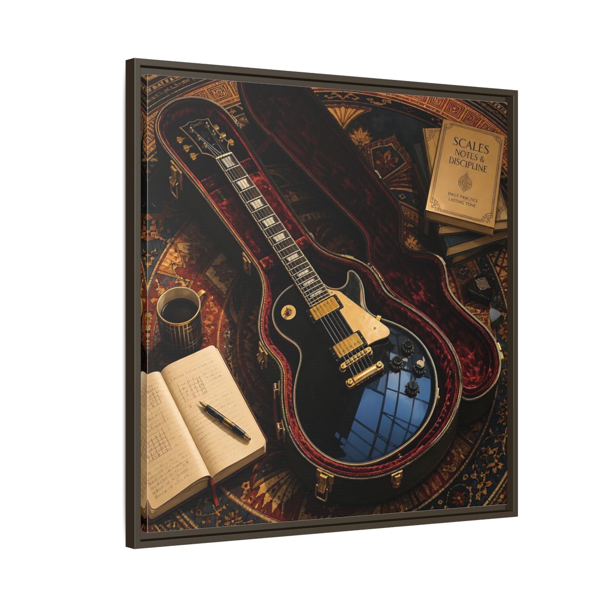 Side Mockup 8. Vintage Black Guitar On Rug shown as framed canvas print