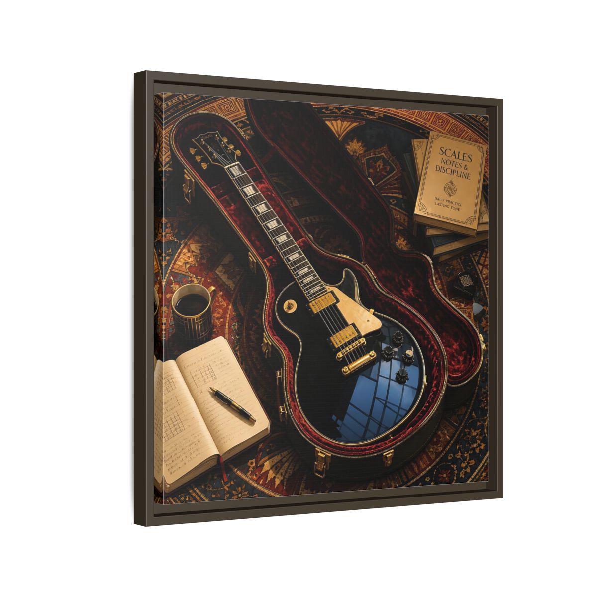 Side Mockup 11. Vintage Black Guitar On Rug shown as framed canvas print