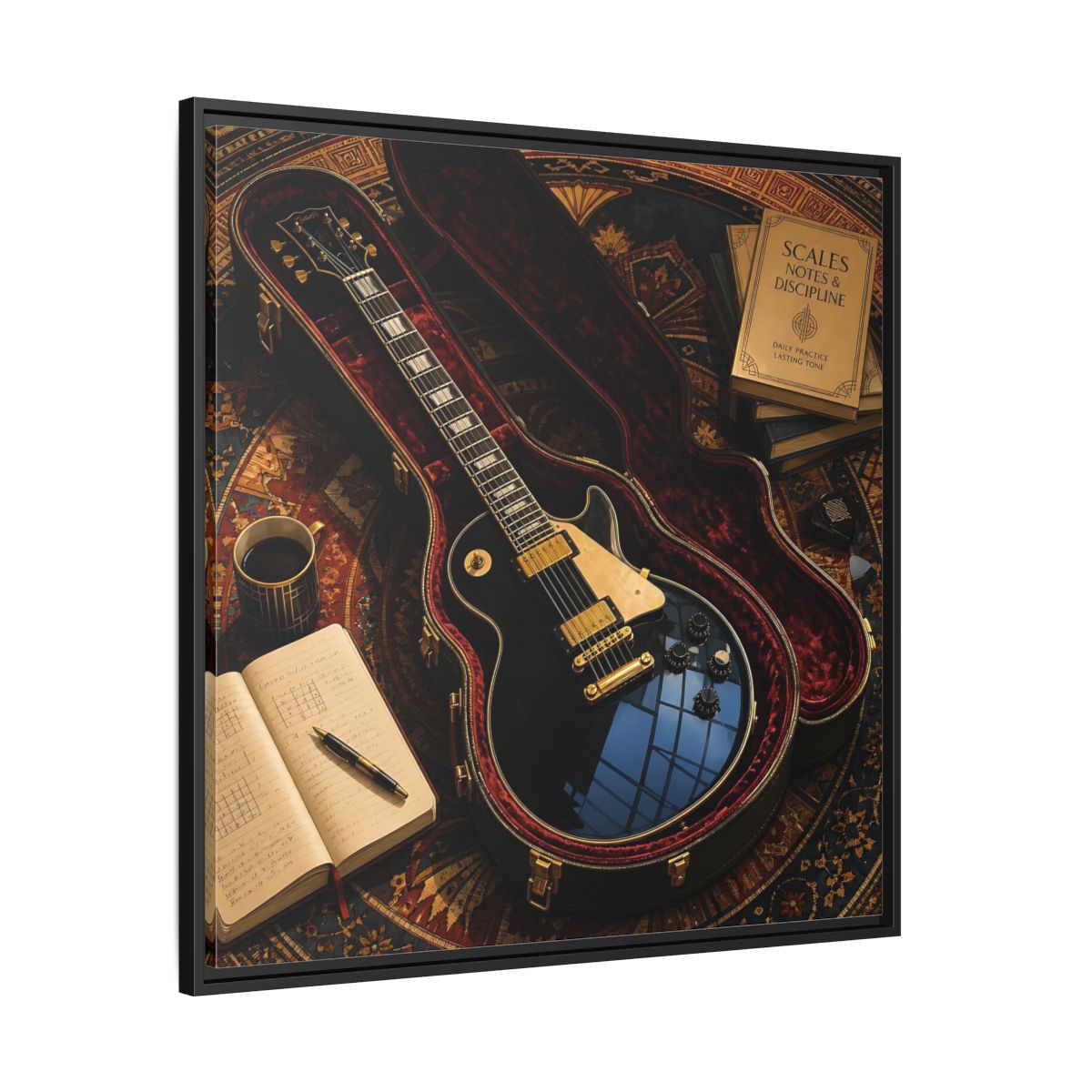 Side Mockup 30. Vintage Black Guitar On Rug shown as framed canvas print