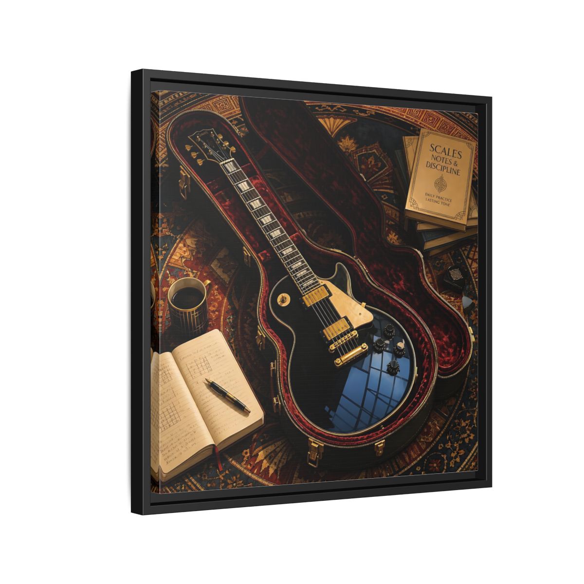 Side Mockup 12. Vintage Black Guitar On Rug shown as framed canvas print