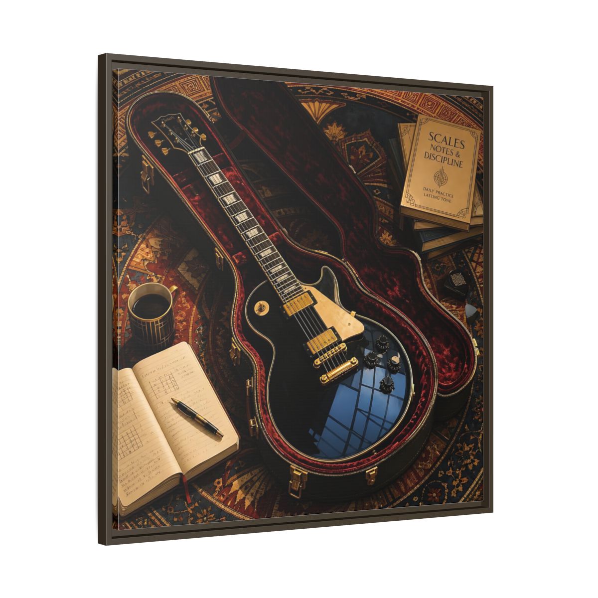 Main Mockup. Vintage Black Guitar On Rug shown as framed canvas print