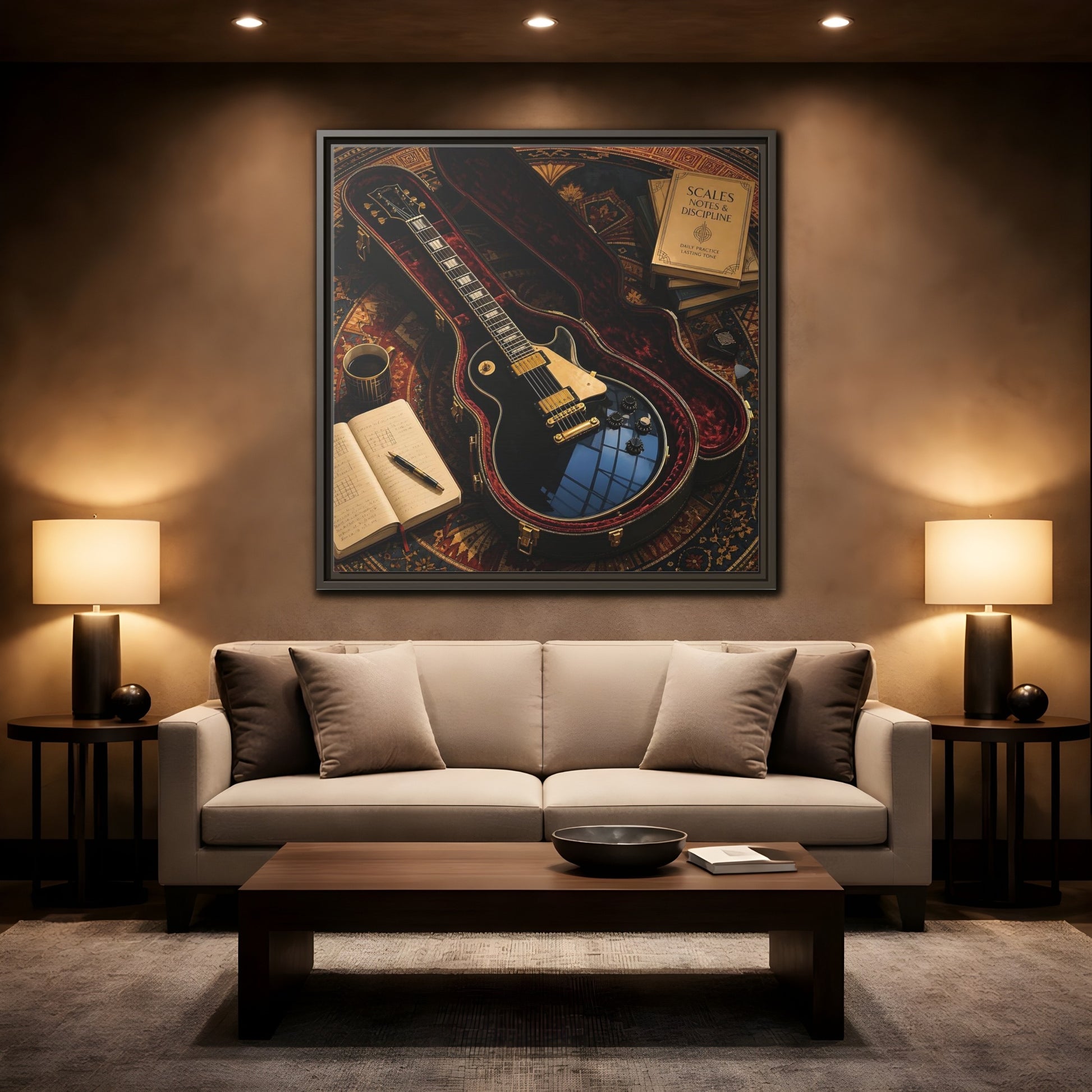 Mockup 2. Vintage Black Guitar On Rug shown as framed canvas print