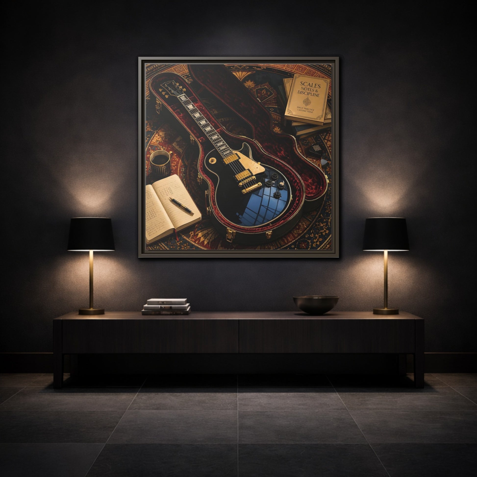 Mockup 3. Vintage Black Guitar On Rug shown as framed canvas print