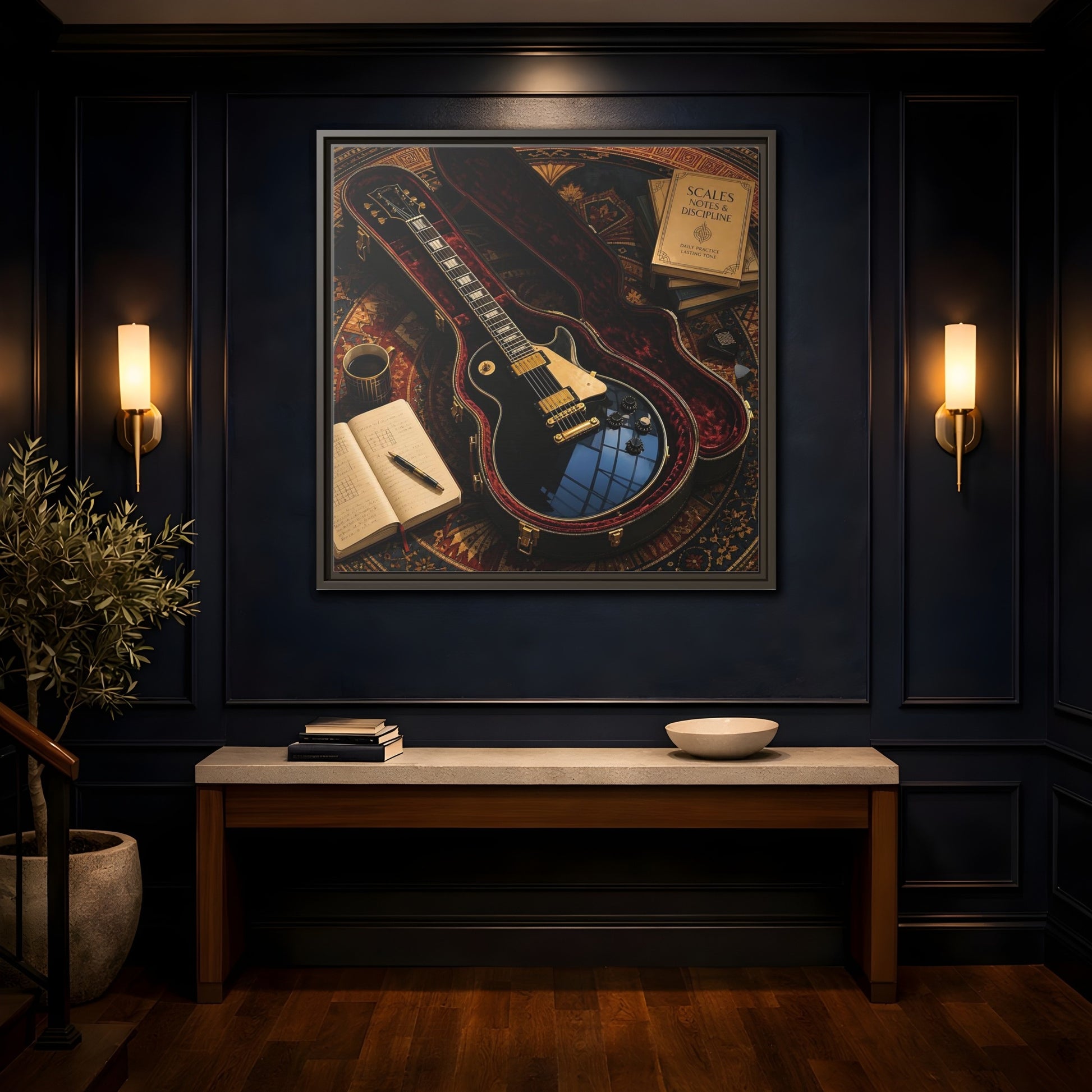 Mockup 4. Vintage Black Guitar On Rug shown as framed canvas print