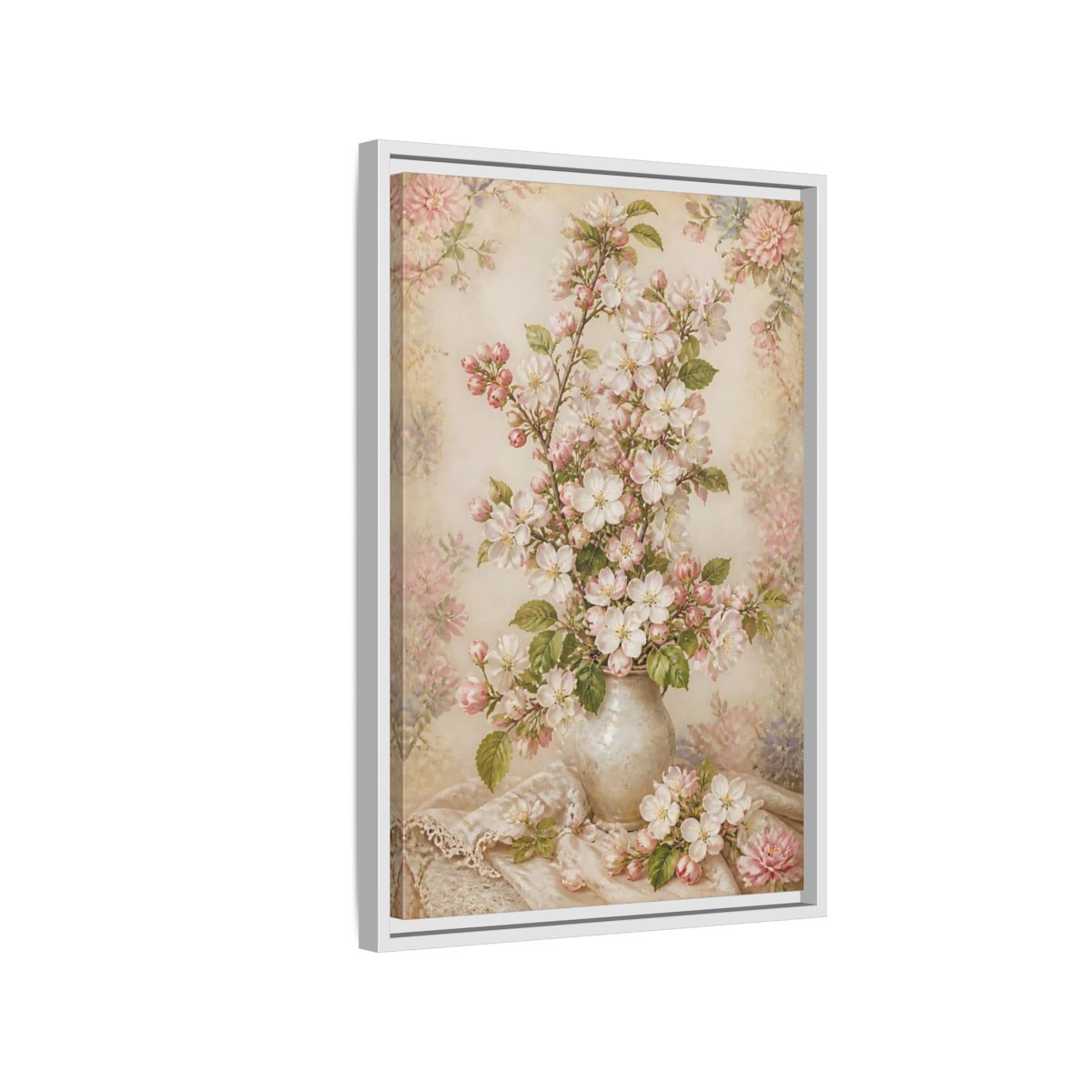 Side Mockup 1. Vintage Blossom Bouquet shown as framed canvas print