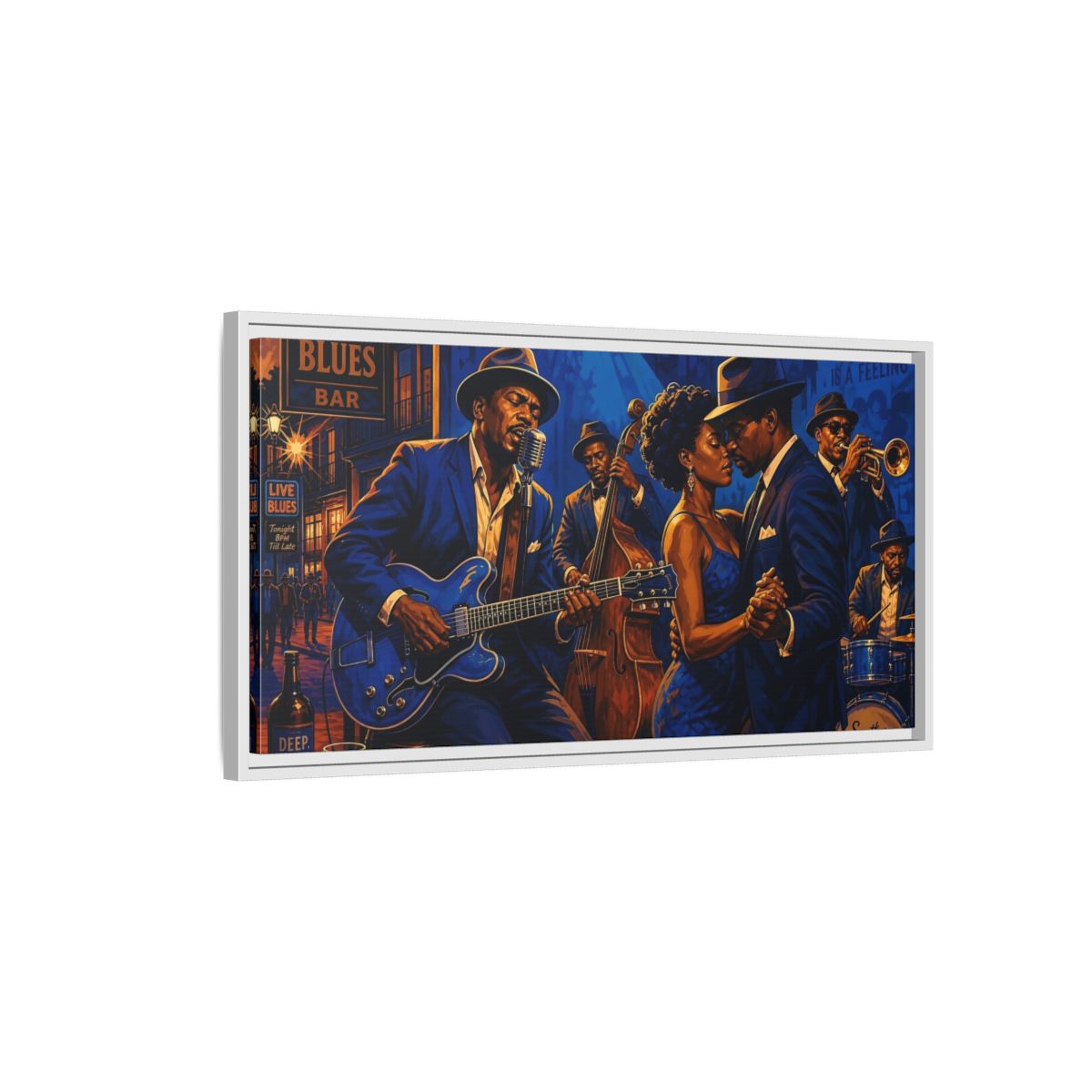 Side Mockup 1. Vintage Blues Musicians Blue Blues Bar shown as framed canvas print