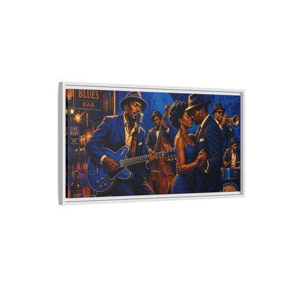 Side Mockup 1. Vintage Blues Musicians Blue Blues Bar shown as framed canvas print