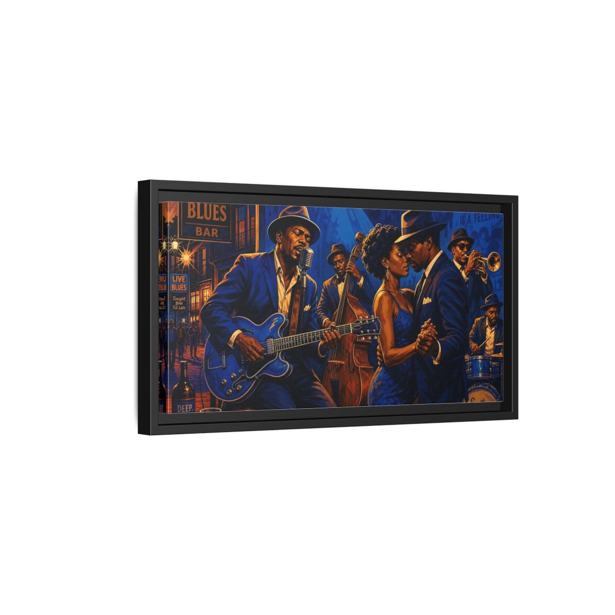 Side Mockup 8. Vintage Blues Musicians Blue Blues Bar shown as framed canvas print