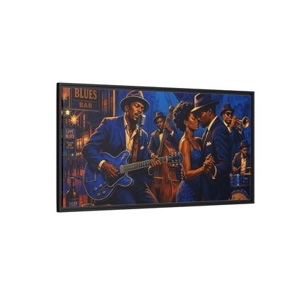 Side Mockup 5. Vintage Blues Musicians Blue Blues Bar shown as framed canvas print