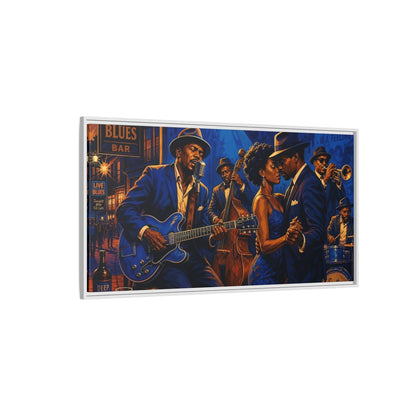 Side Mockup 3. Vintage Blues Musicians Blue Blues Bar shown as framed canvas print