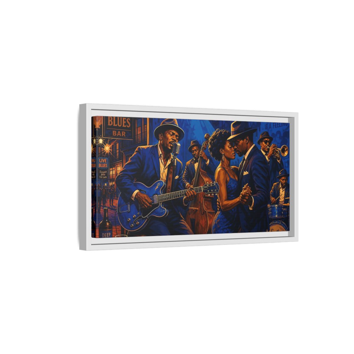 Side Mockup 6. Vintage Blues Musicians Blue Blues Bar shown as framed canvas print