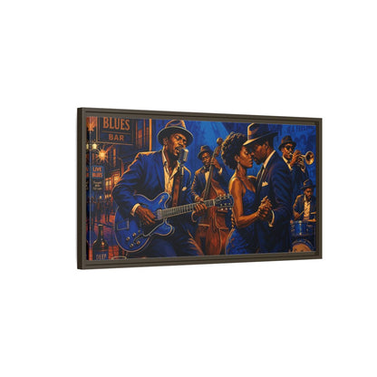 Main Mockup. Vintage Blues Musicians Blue Blues Bar shown as framed canvas print