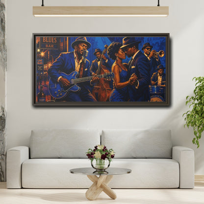 Mockup 2. Vintage Blues Musicians Blue Blues Bar shown as framed canvas print
