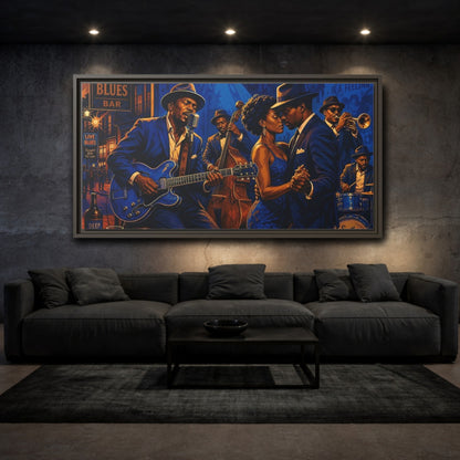 Mockup 3. Vintage Blues Musicians Blue Blues Bar shown as framed canvas print