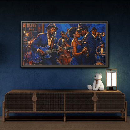 Mockup 4. Vintage Blues Musicians Blue Blues Bar shown as framed canvas print