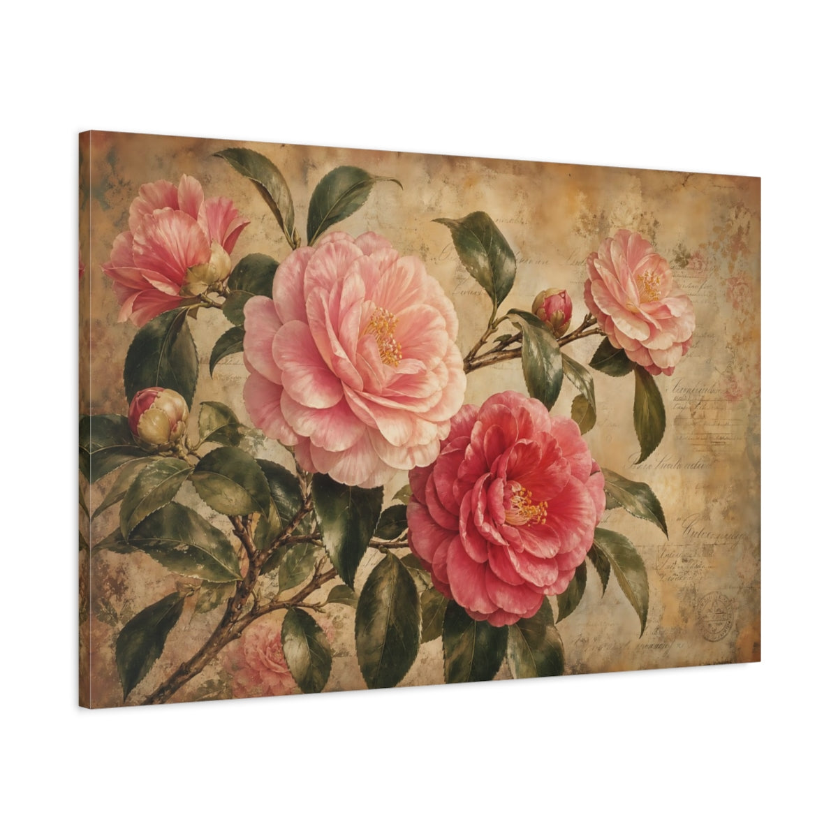 Main Mockup. Vintage Botanical Illustration Camellia Branches Above Aged Paper In Twilight Calm shown as stretched canvas wall art