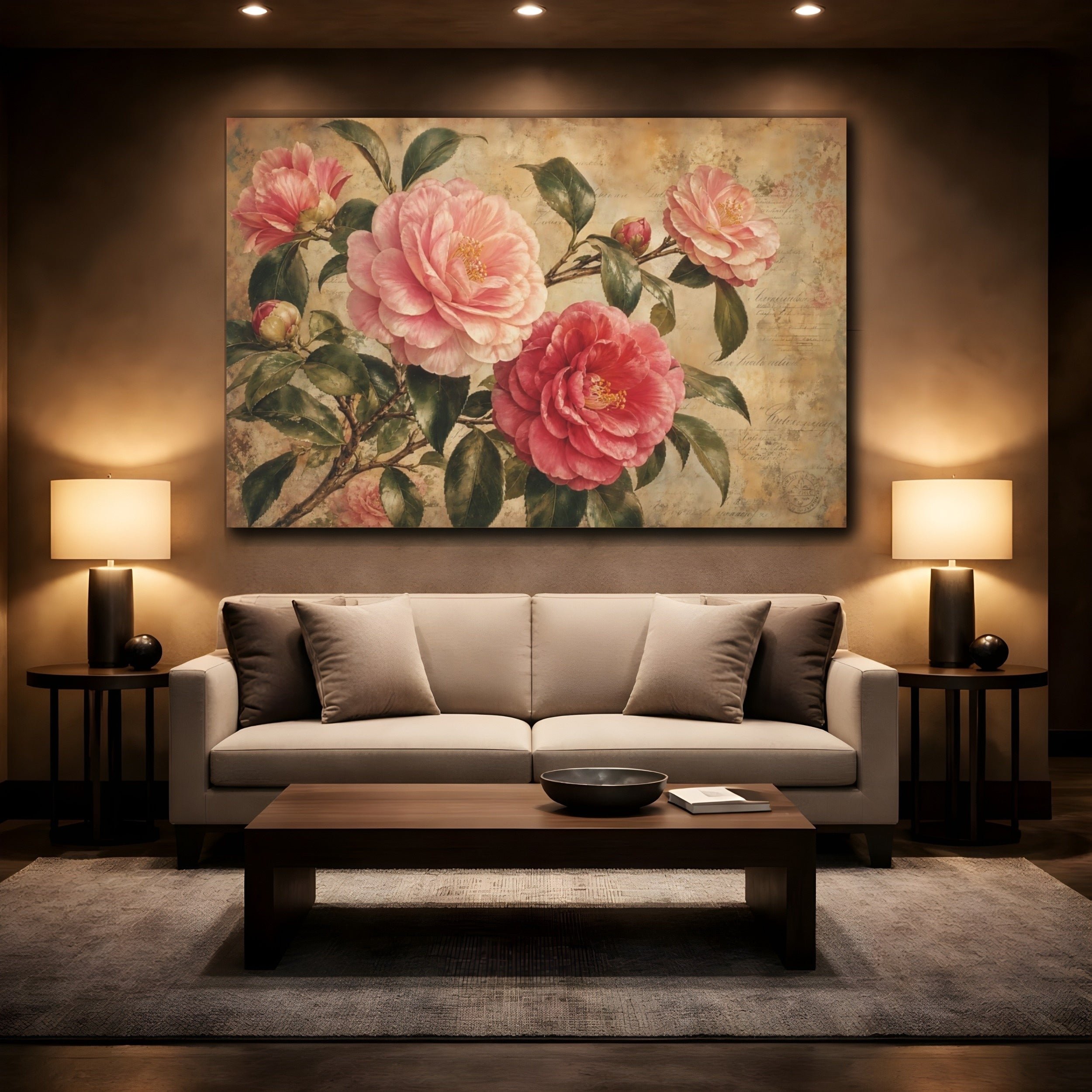 Mockup 2. Vintage Botanical Illustration Camellia Branches Above Aged Paper In Twilight Calm shown as stretched canvas wall art