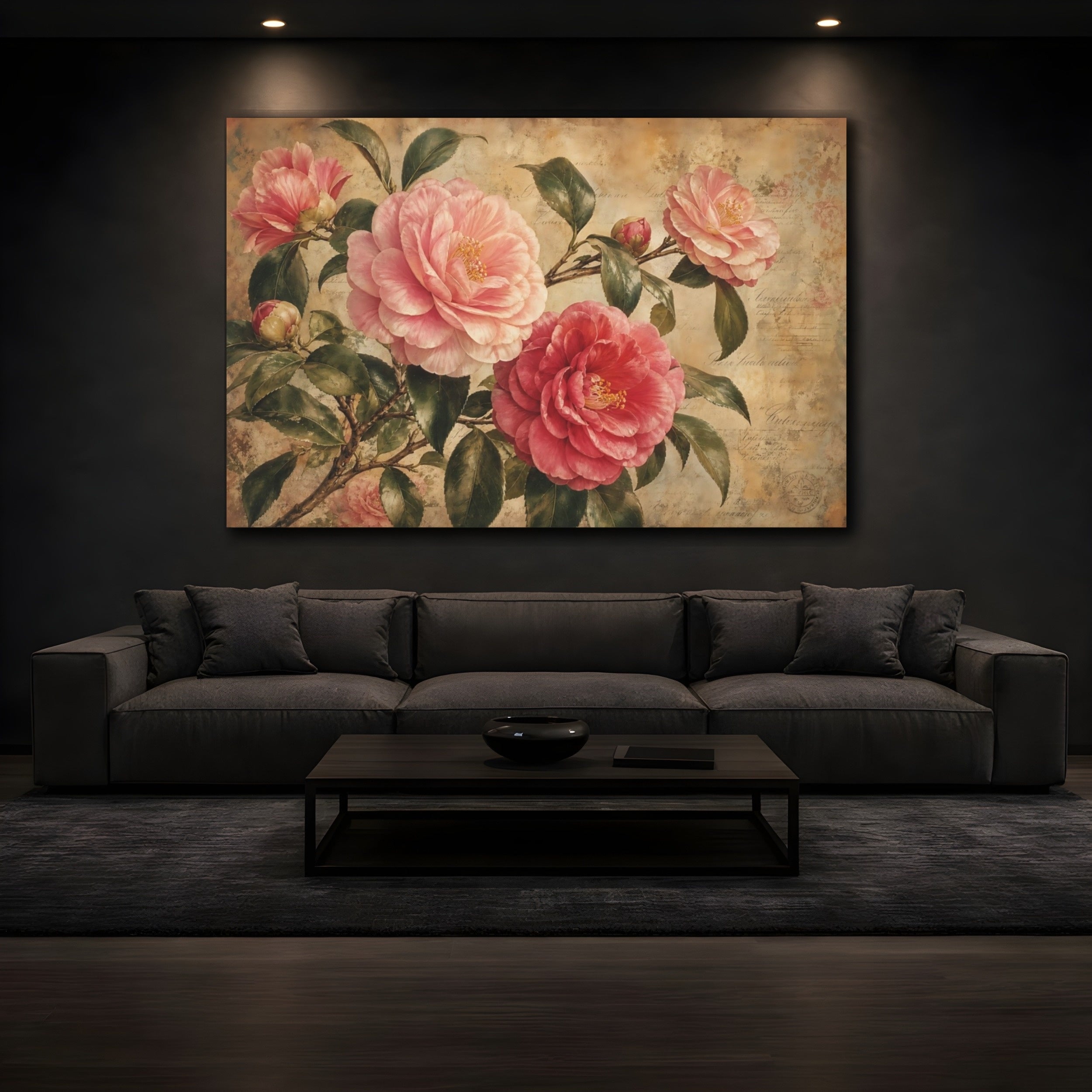 Mockup 3. Vintage Botanical Illustration Camellia Branches Above Aged Paper In Twilight Calm shown as stretched canvas wall art