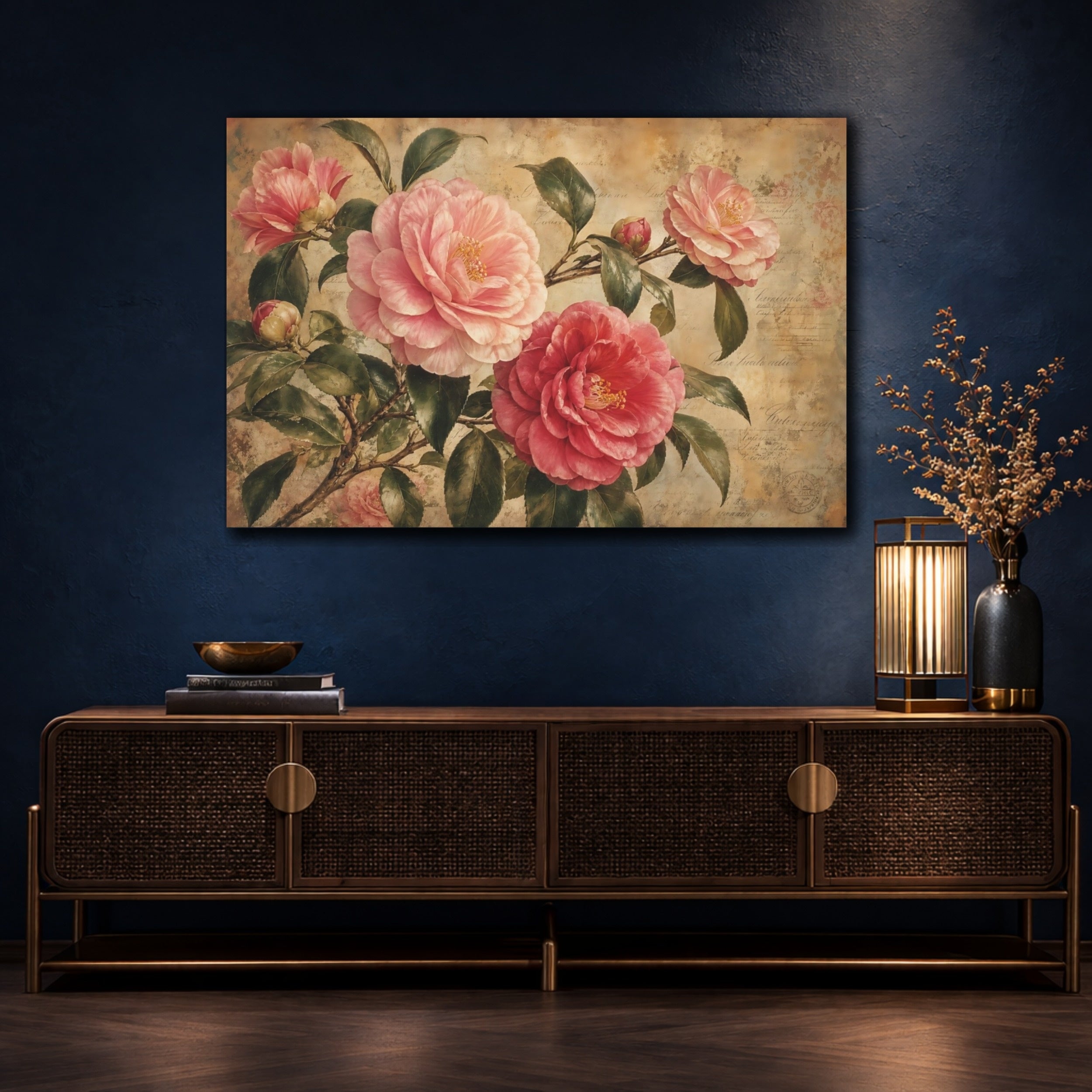 Mockup 4. Vintage Botanical Illustration Camellia Branches Above Aged Paper In Twilight Calm shown as stretched canvas wall art