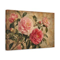 Side Mockup 4. Vintage Botanical Illustration Camellia Branches Above Aged Paper In Twilight Calm shown as stretched canvas wall art