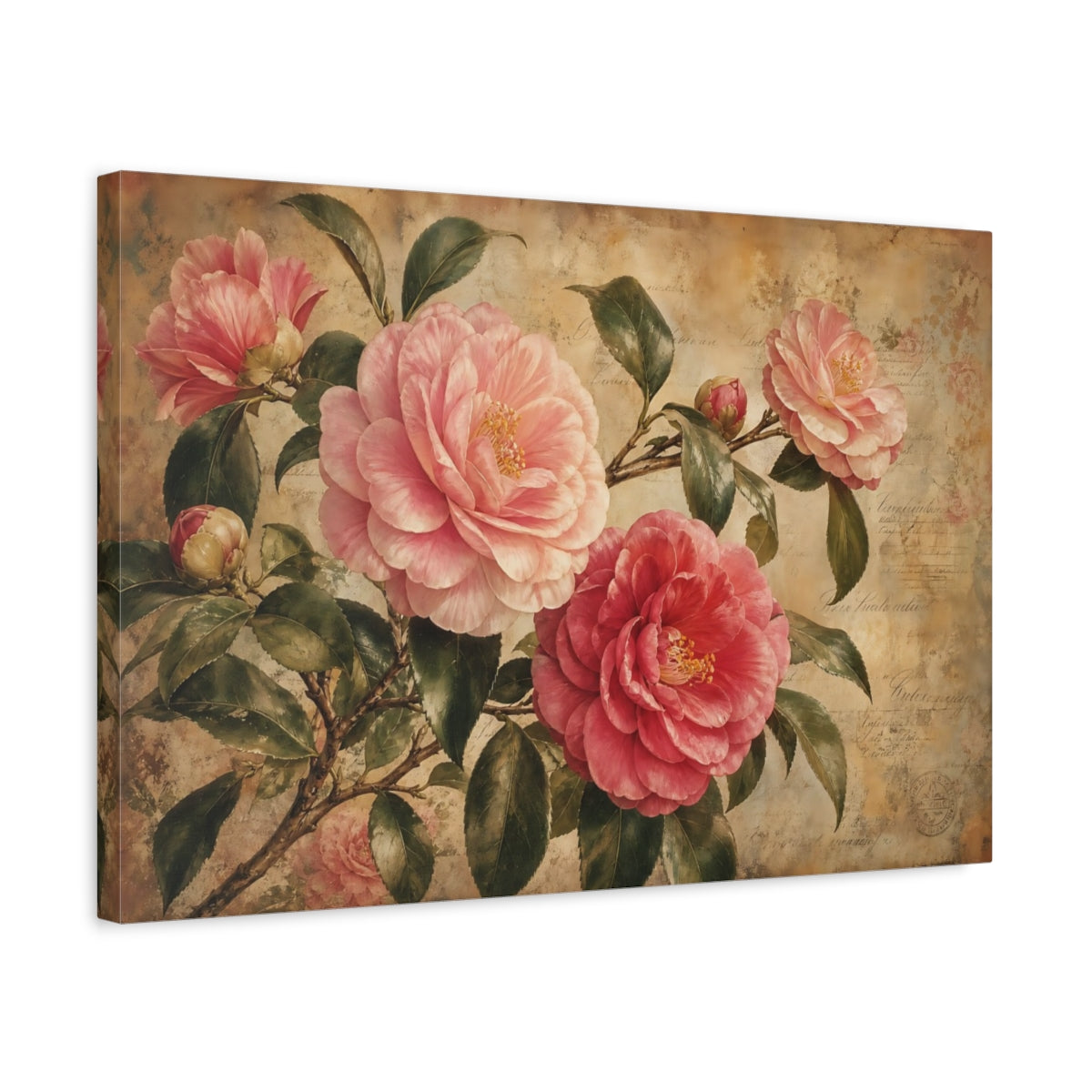 Side Mockup 3. Vintage Botanical Illustration Camellia Branches Above Aged Paper In Twilight Calm shown as stretched canvas wall art