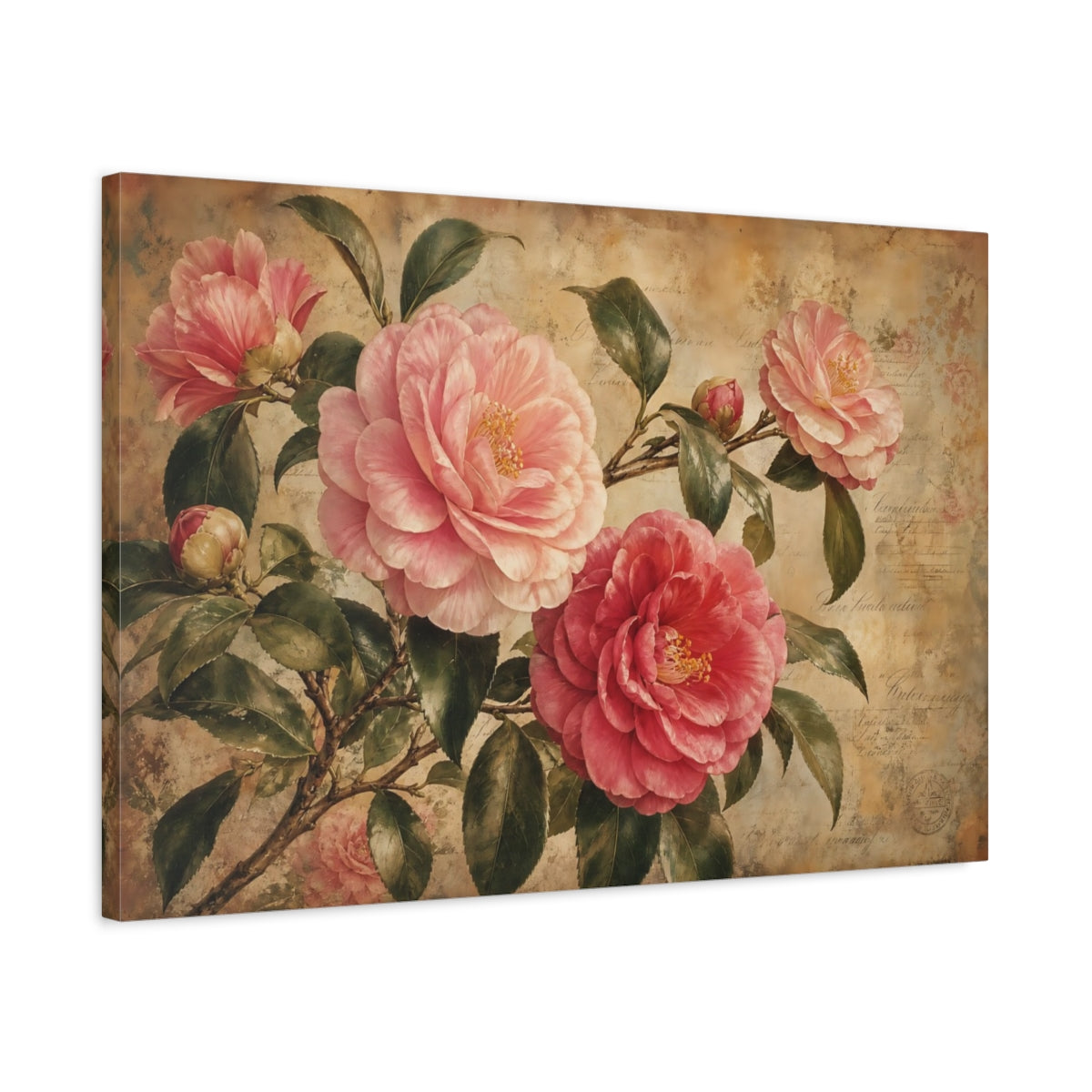 Side Mockup 2. Vintage Botanical Illustration Camellia Branches Above Aged Paper In Twilight Calm shown as stretched canvas wall art