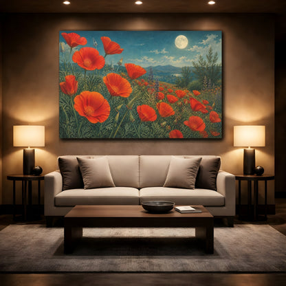 Mockup 2. Vintage Botanical Illustration Field Of Red California Poppies Under Moonlit Air shown as stretched canvas wall art