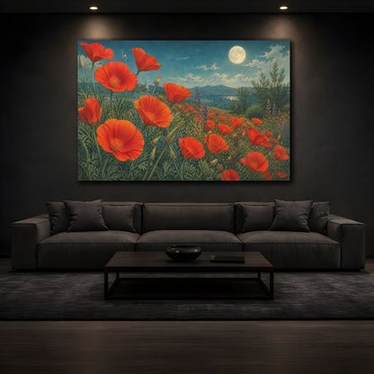 Mockup 3. Vintage Botanical Illustration Field Of Red California Poppies Under Moonlit Air shown as stretched canvas wall art