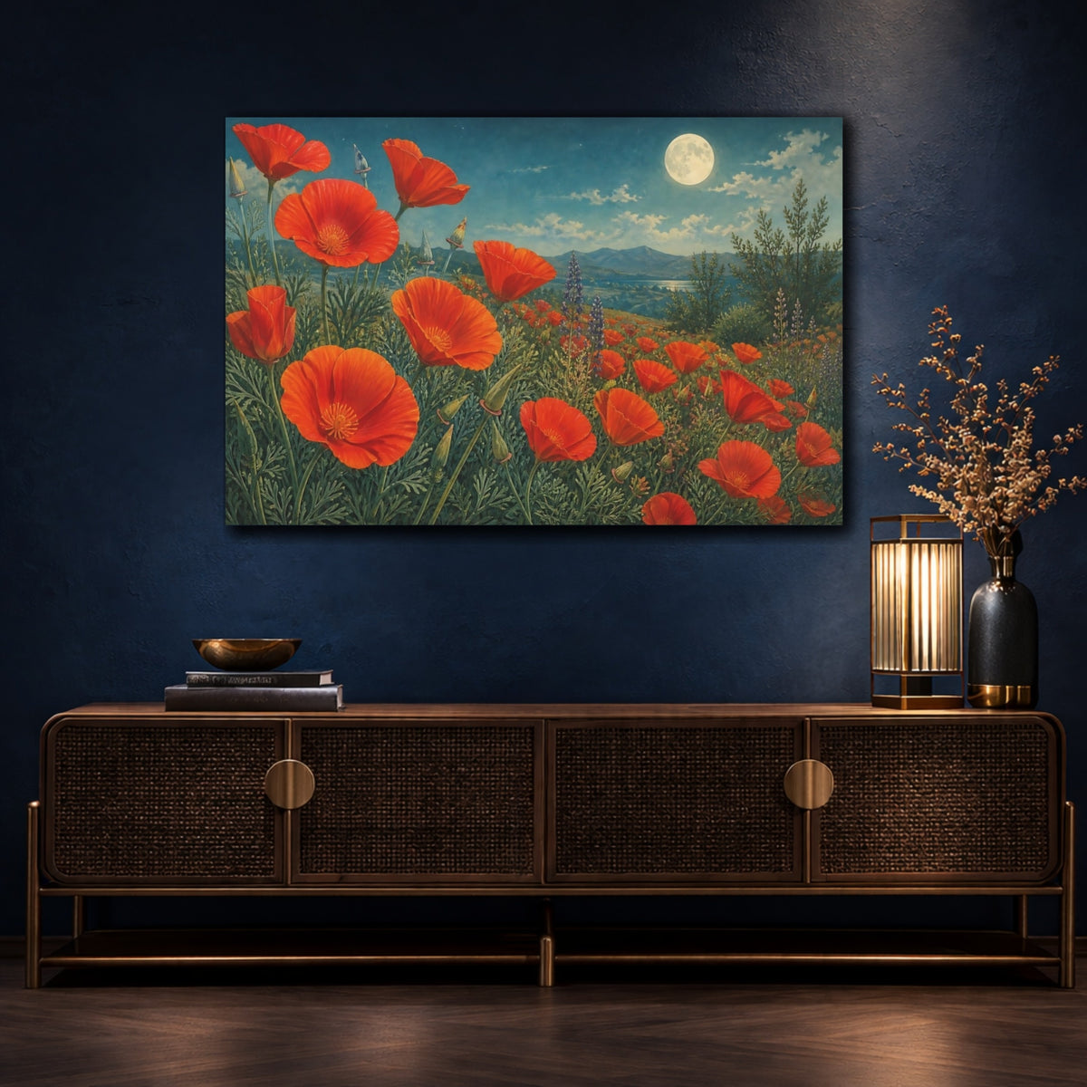 Mockup 4. Vintage Botanical Illustration Field Of Red California Poppies Under Moonlit Air shown as stretched canvas wall art